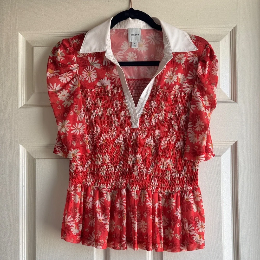 Anthropologie Maeve Short-Sleeve Smocked Polo Top